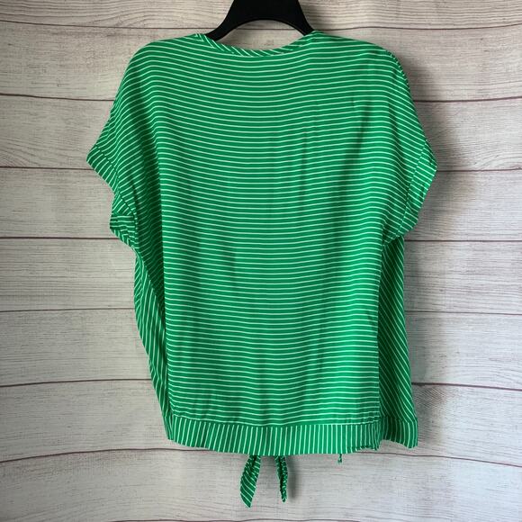 Olive & Leaf Green and White Striped Wrap Front Blouse Tie Bottom Size Large - Picture 5 of 11